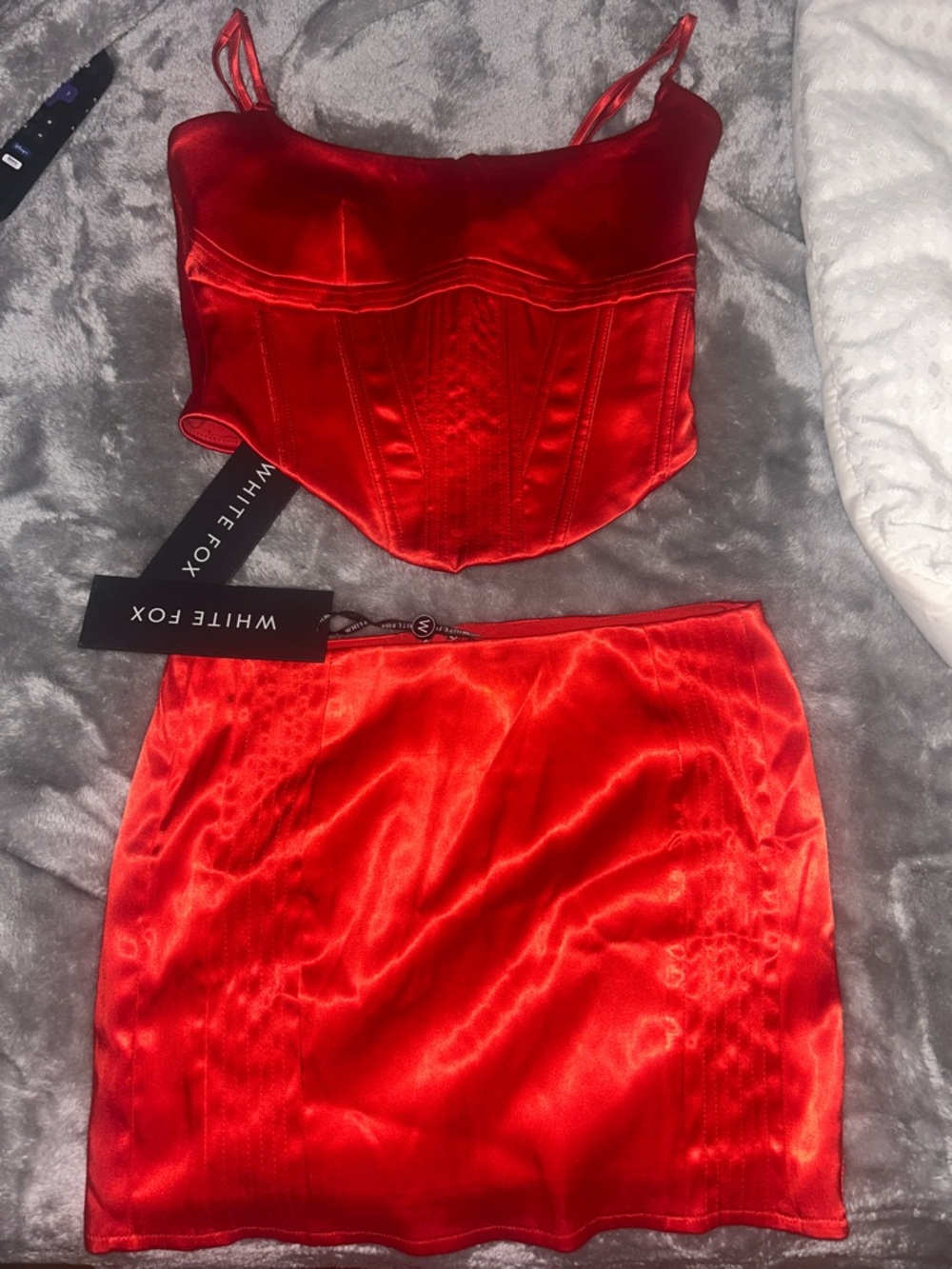 White Fox Boutique Red Satin Corset & Mini Skirt Set